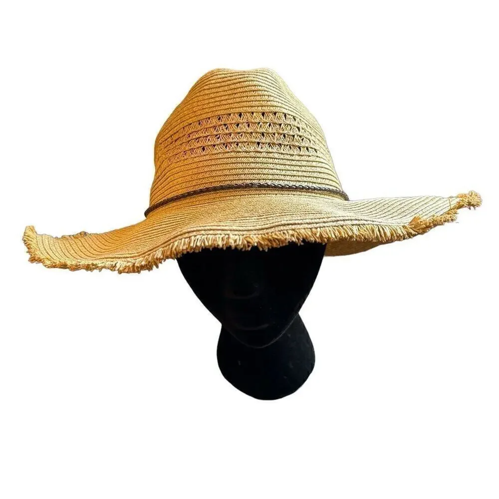 Women's Beige Straw Sun Hat Wide Brim Frayed Lightweight One Size